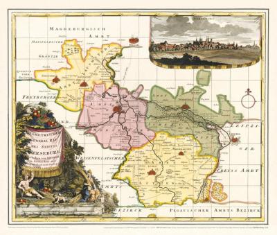 Historische Karte: HOCHSTIFT MERSEBURG, 1720 (Plano). Ämter Merseburg, Lauchstädt, Lützen, Schkeuditz und Zwenkau 