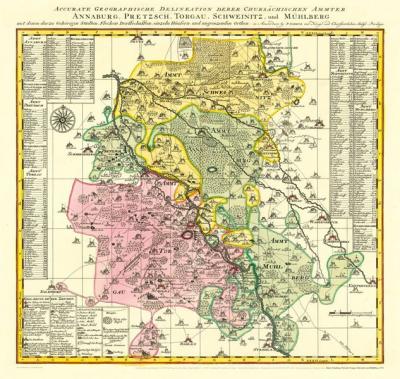 Historische Karte: Ämter Annaburg, Pretzsch, Torgau, Schweinitz und Mühlberg, 1757 (Plano) 