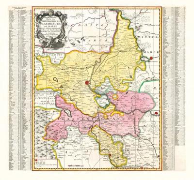 Historische Karte: HERZOGTUM MAGDEBURG mit Halle und Fürstentum Anhalt, um 1750 