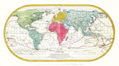 Historische WELTKARTE 1782 mit Entdeckungsfahrten von James Cook – Matthäus Lotter (Plano) 