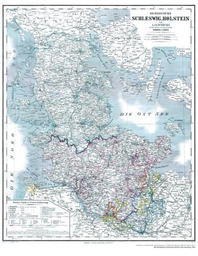 Hist. Karte: Herzogtümer Schleswig, Holstein und Lauenburg 1865 (Plano) 