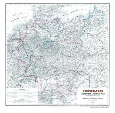 Hist. Karte: DEUTSCHLAND 1865 - Eisenbahnkarte mit Straßennetz (Plano) 