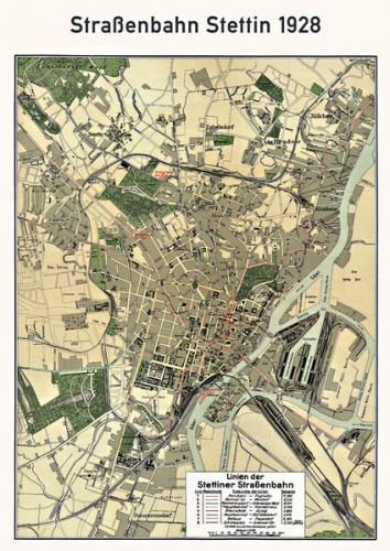 Straßenbahn in Stettin 1928 - Stadtplan mit Straßenbahnlinien 