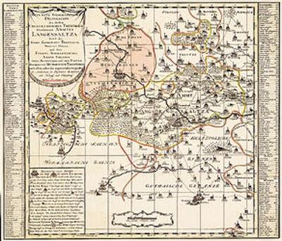 Historische Karte: Amt Langensalza, Erbschaft Treffurt, Vogtei Dorla, Amt Ebeleben, Stadt Mühlhausen 1757 