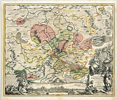 Karte: Die Stadt Erfurt und die dazugehörigen Dörfer (Gebiete) 1712 