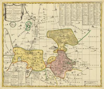 Historische Karte: Ämter Dahme und Jüterbog mit der Graftscheft Baruth in dem Gebiet Seyda, Potsdam, Luckau und Märkisch Buchholz 1760 (Plano) 
