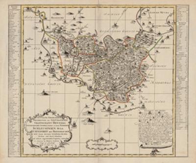 Historische Karte: Grafschaft Henneberg 1755 mit den Ämtern Schleusingen, Suhl, Kühndorf mit Bennshausen (Plano) 