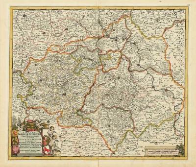 Historische Karte: Thüringen, Sachsen und das Fürstentum Anhalt mit der Markgrafschaft Meißen, Bistum Halle, Grafschaft Mansfeld, dem Vogtland und dem Eichsfeld. 1680 (Plano) 