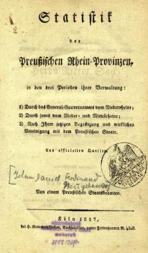 Statistik der Preußischen Rhein-Provinzen in den drei Perioden ihrer Verwaltung, Köln 1817, eBook (Faksimilie) (Ebook) 
