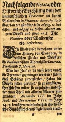 Nachfolgende Notota, oder Historische Erzehlung von der unmenschlichen Procedur an denen Waldensern in Piedmont Anno 1655 verübet/.. eBook (Faksimilie) vom Original (Unikat?) (Ebook) 
