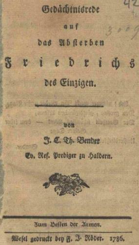 Gedächtnisrede auf das Absterben Friedrichs des Einzigen. Wesel gedruckt bey F.J. Röder, 1786, eBook (Ebook) 
