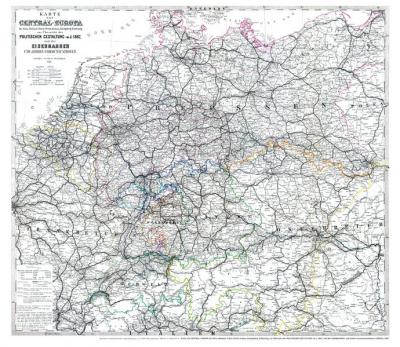 Historische Übersichtskarte: Eisenbahnstrecken 1867 - MITTELEUROPA mit DEUTSCHLAND (75 x 65 cm - gerollt) 