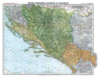 Historische Karte: BOSNIEN, HERZEGOWINA, MONTENEGRO und DALMATIEN 1913 [gerollt] 