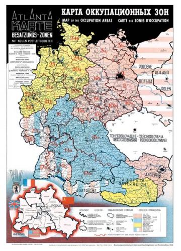 Historische Karte: DEUTSCHLAND - BESATZUNGSZONENKARTE mit neuen Postleitgebieten und Postleitzahlen, 1946 