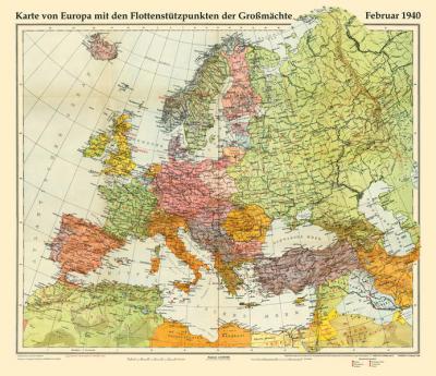 Historische Karte: EUROPA Februar 1940 mit den Flottenstützpunkten der Großmächte (gerollt) 